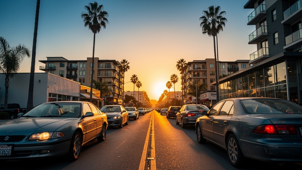 ロサンゼルスの街並みと中古車