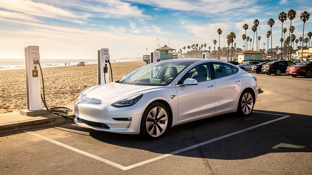 サンタモニカでのレンタカー（テスラEV）
