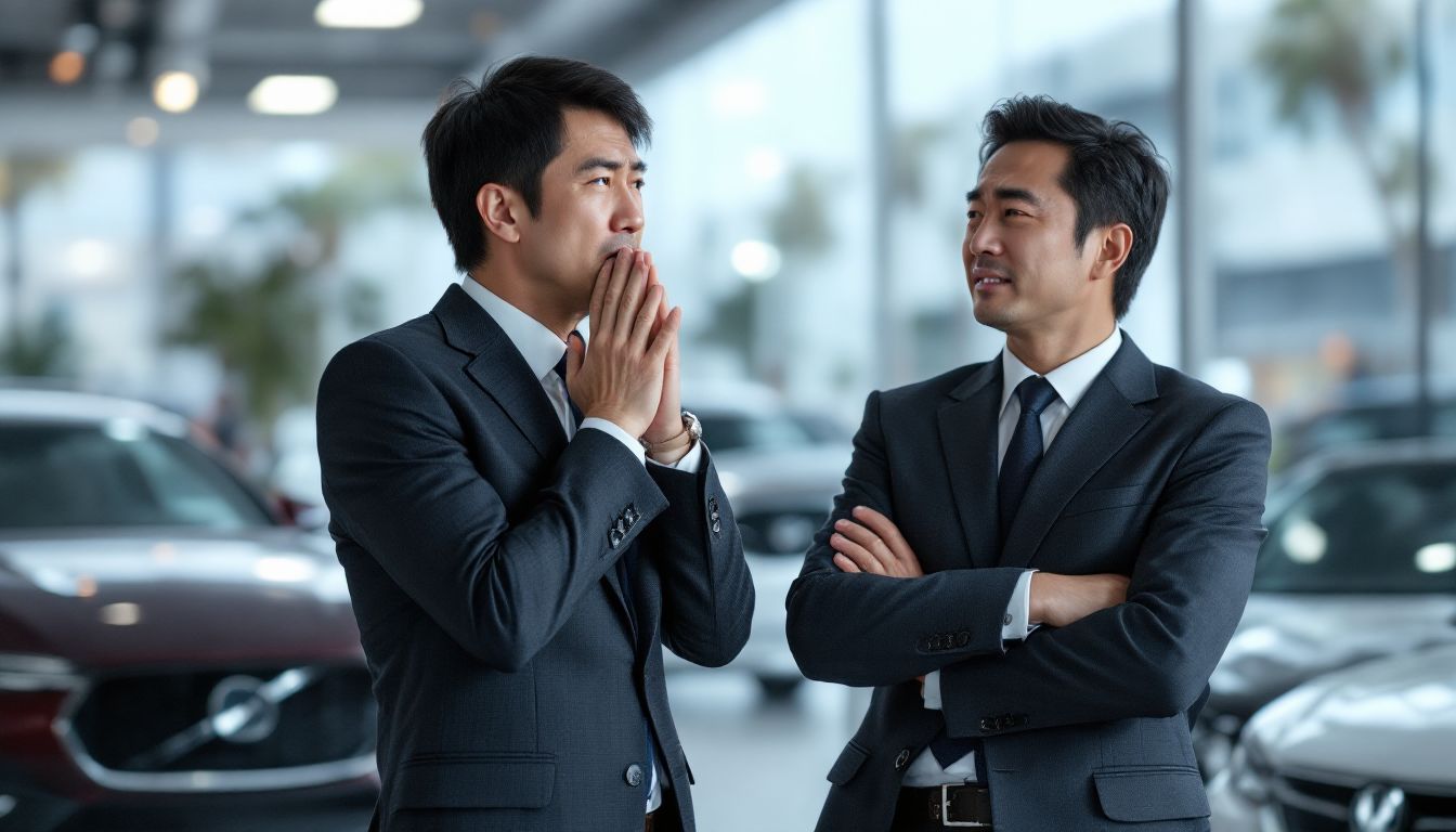 アメリカのカーディーラーで困っているビジネスマン