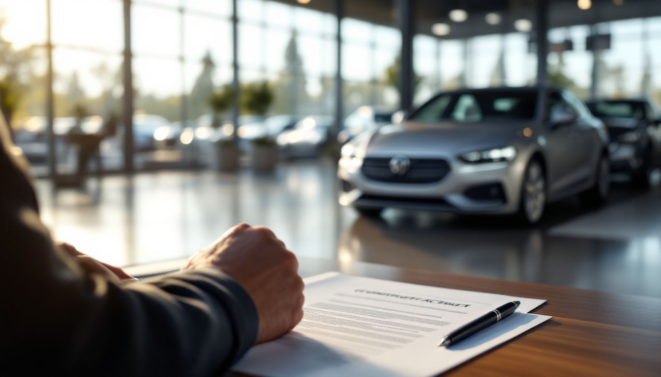 ディーラーで車購入の契約に向き合う場面