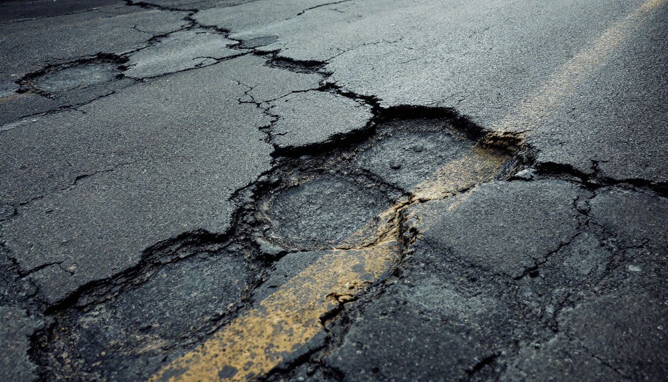 ひび割れと補修跡が残る道路