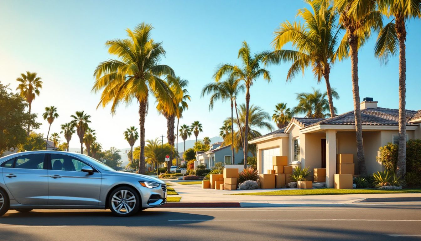ヤシの木が並ぶ住宅街で、引っ越しの段ボールが置かれた家の前に停まる車