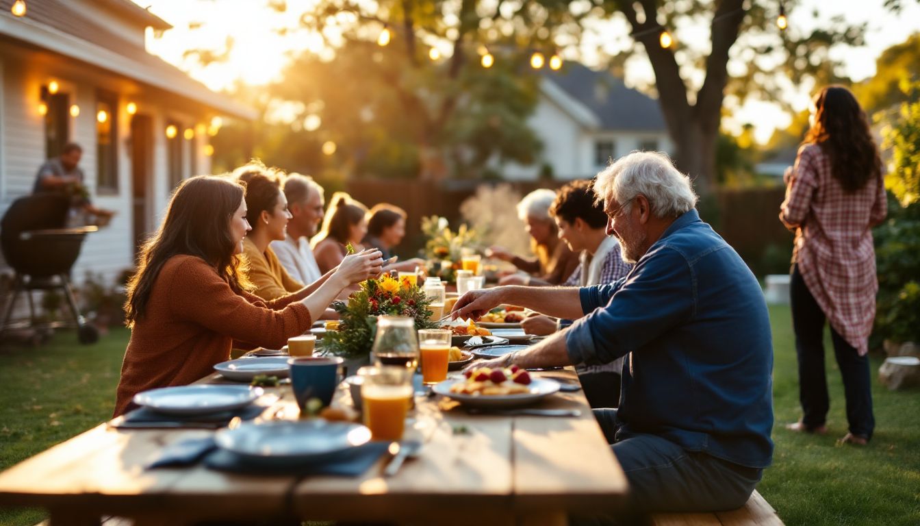 夕暮れの庭で、家族が長いテーブルを囲んで食事をしている様子