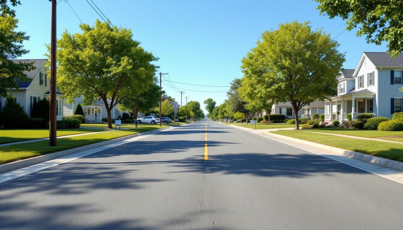 並木と住宅が続く郊外の静かな道路