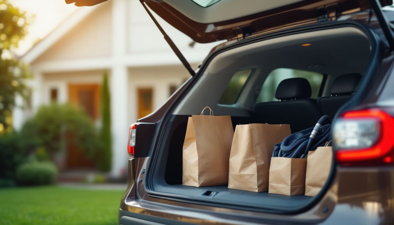 家の前に停めた車のトランクに、買い物袋を積み込んでいるところ