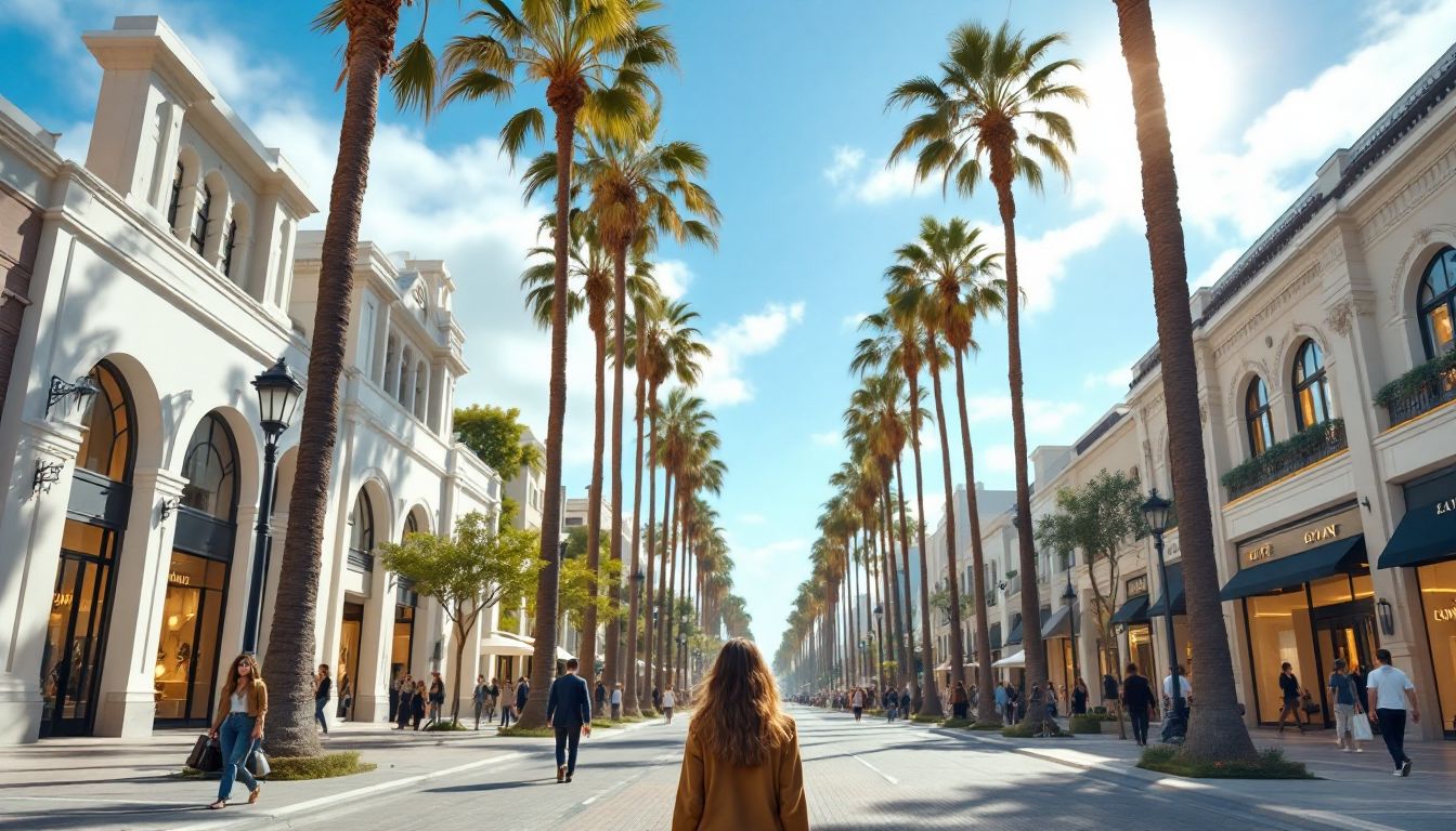 Rodeo Driveの街路樹と高級ブティックの様子