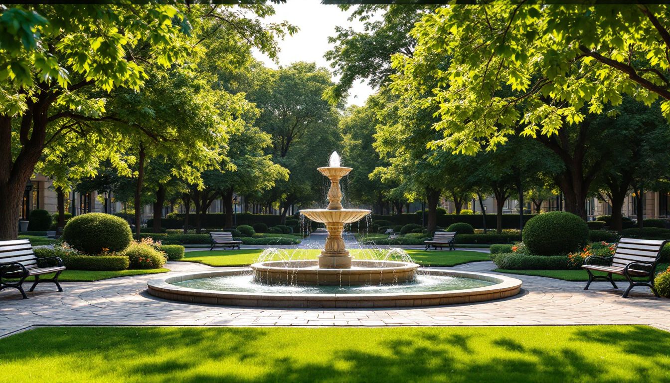 Will Rogers Memorial Parkの噴水と緑のイメージ